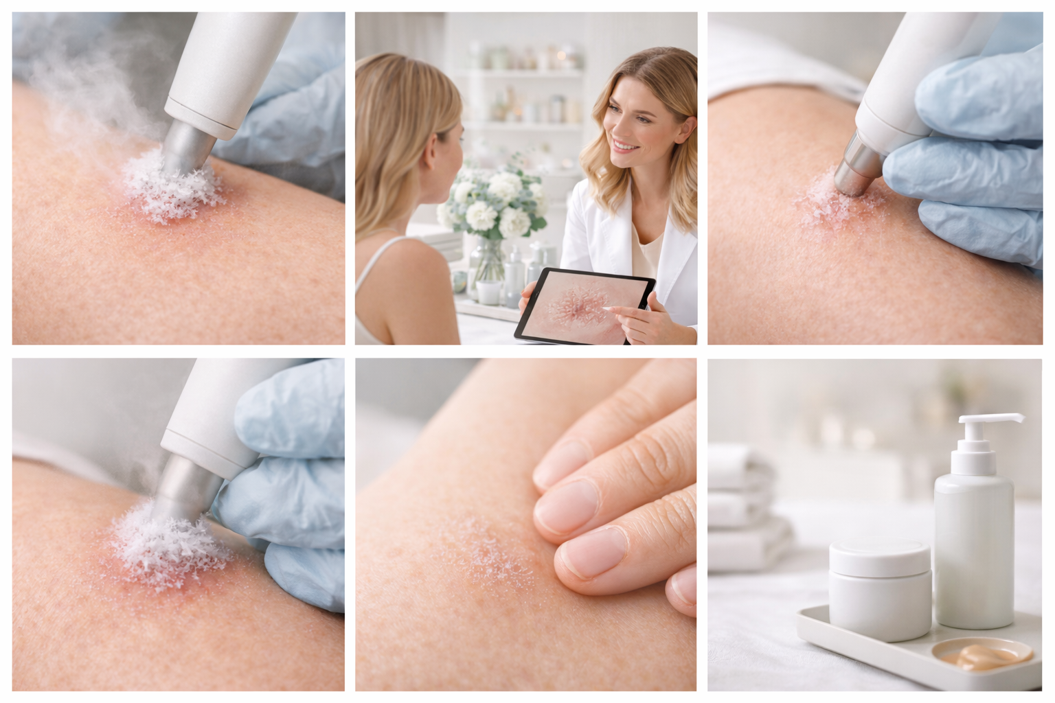 Illustration of a patient asking questions during a consultation, with a skin specialist providing clear and thoughtful answers in a calm, reassuring manner.